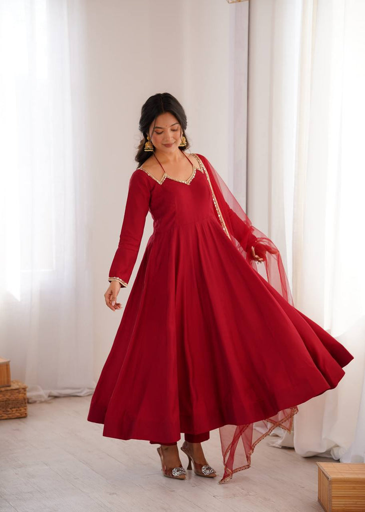 Maroon Silk Chanderi Anarkali Set ClothsVilla