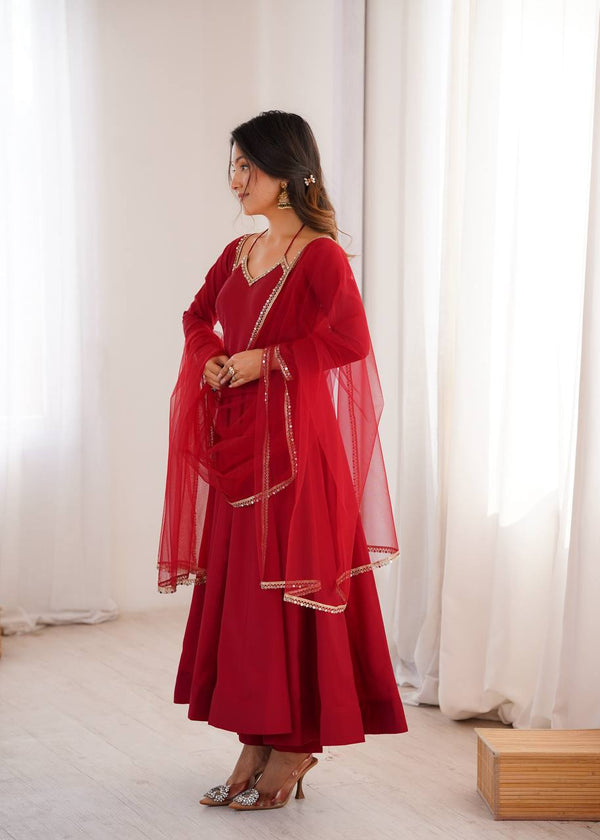 Maroon Silk Chanderi Anarkali Set ClothsVilla