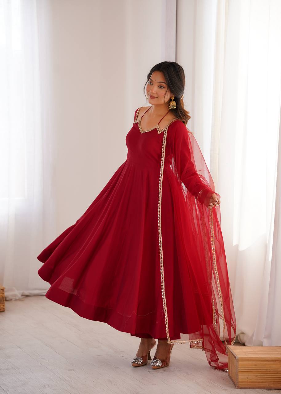 Maroon Silk Chanderi Anarkali Set ClothsVilla
