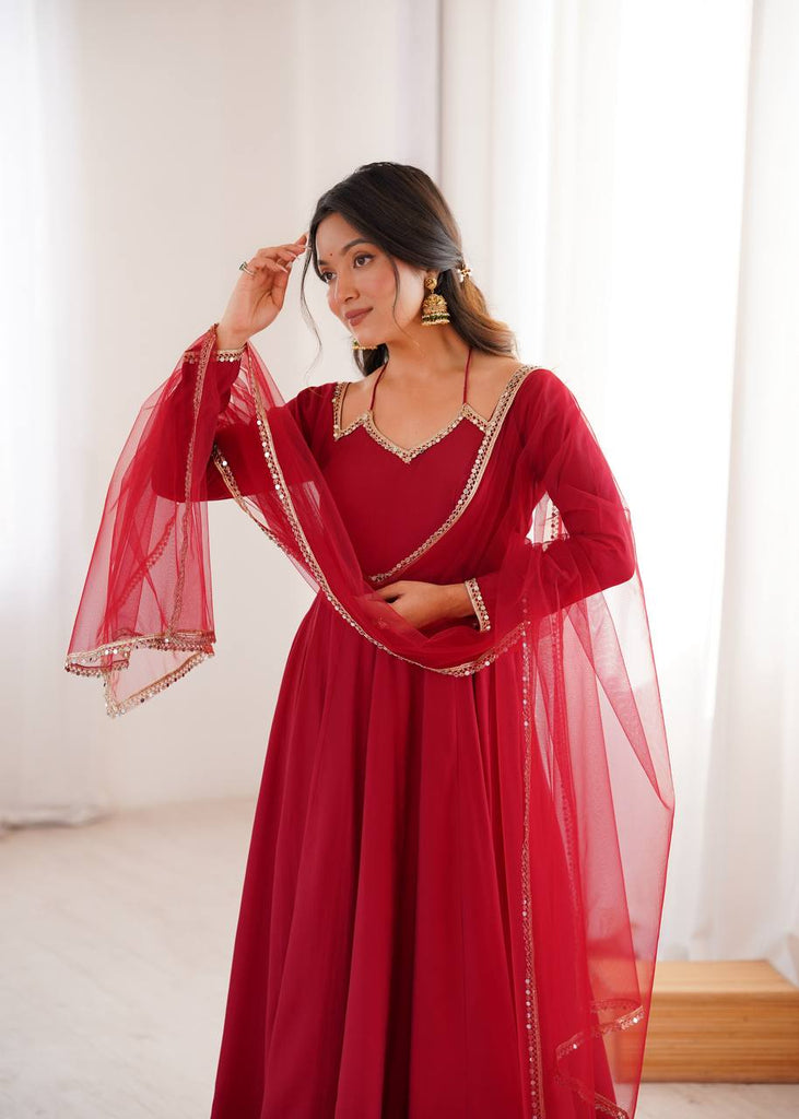 Maroon Silk Chanderi Anarkali Set ClothsVilla