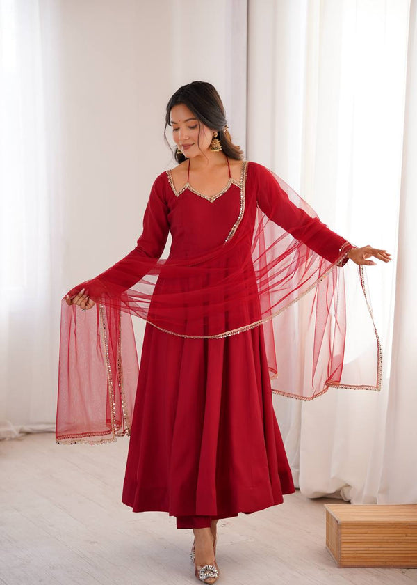Maroon Silk Chanderi Anarkali Set ClothsVilla