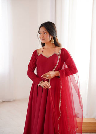 Maroon Silk Chanderi Anarkali Set ClothsVilla