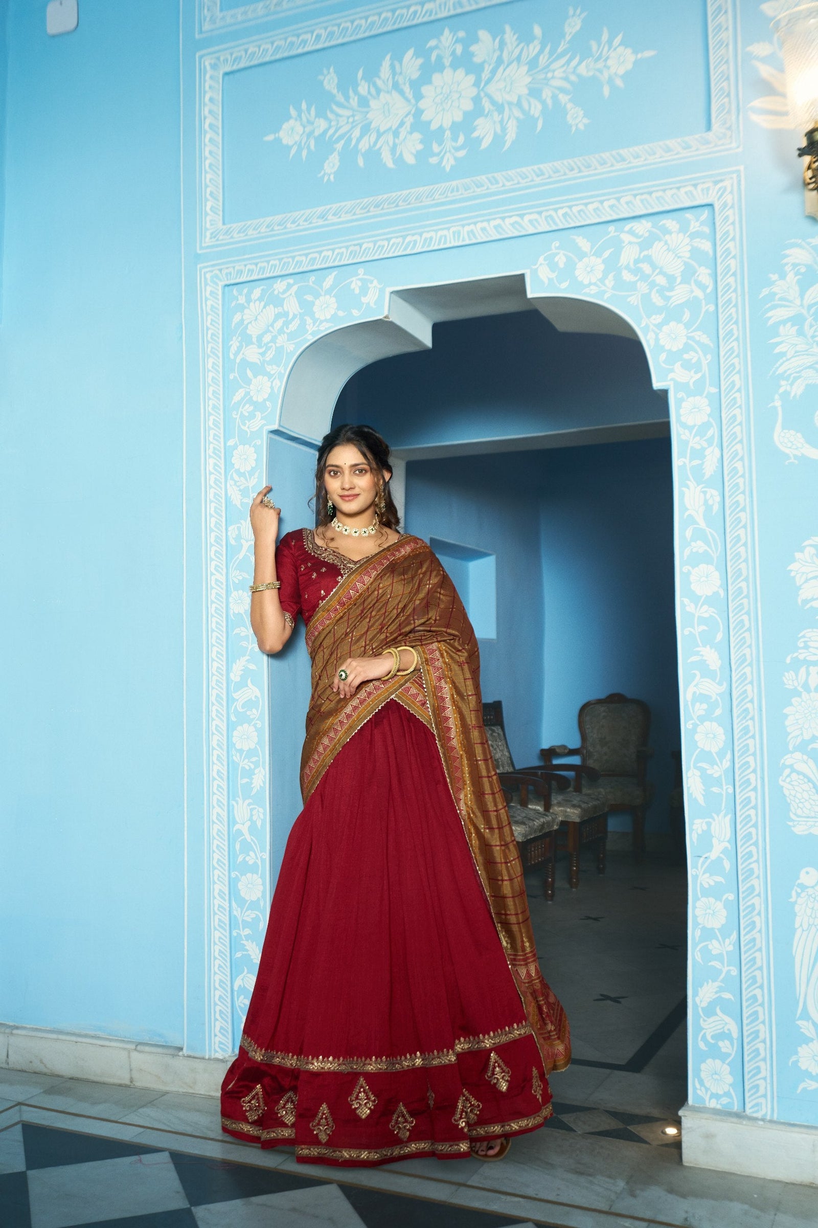 Maroon Silk Embroidered Lehenga Set ClothsVilla