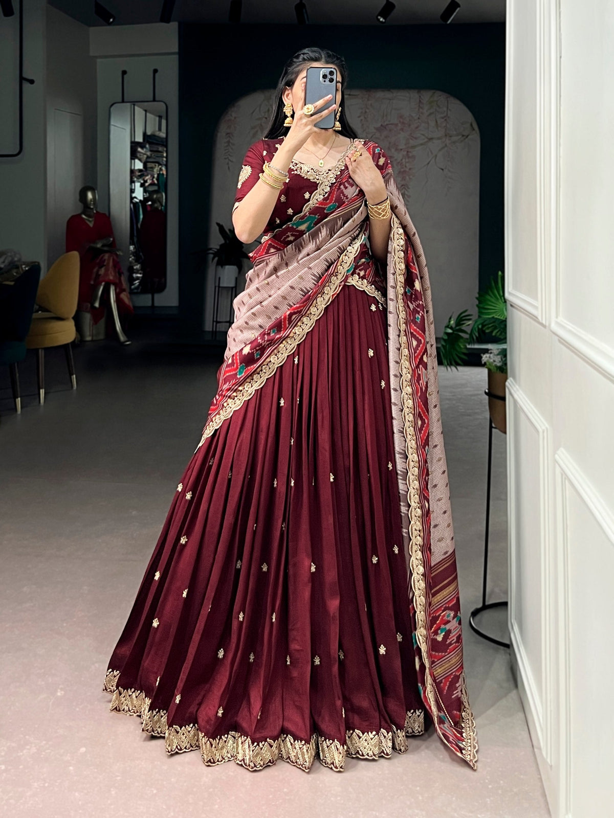 Maroon Silk Embroidered Lehenga Set ClothsVilla Main image