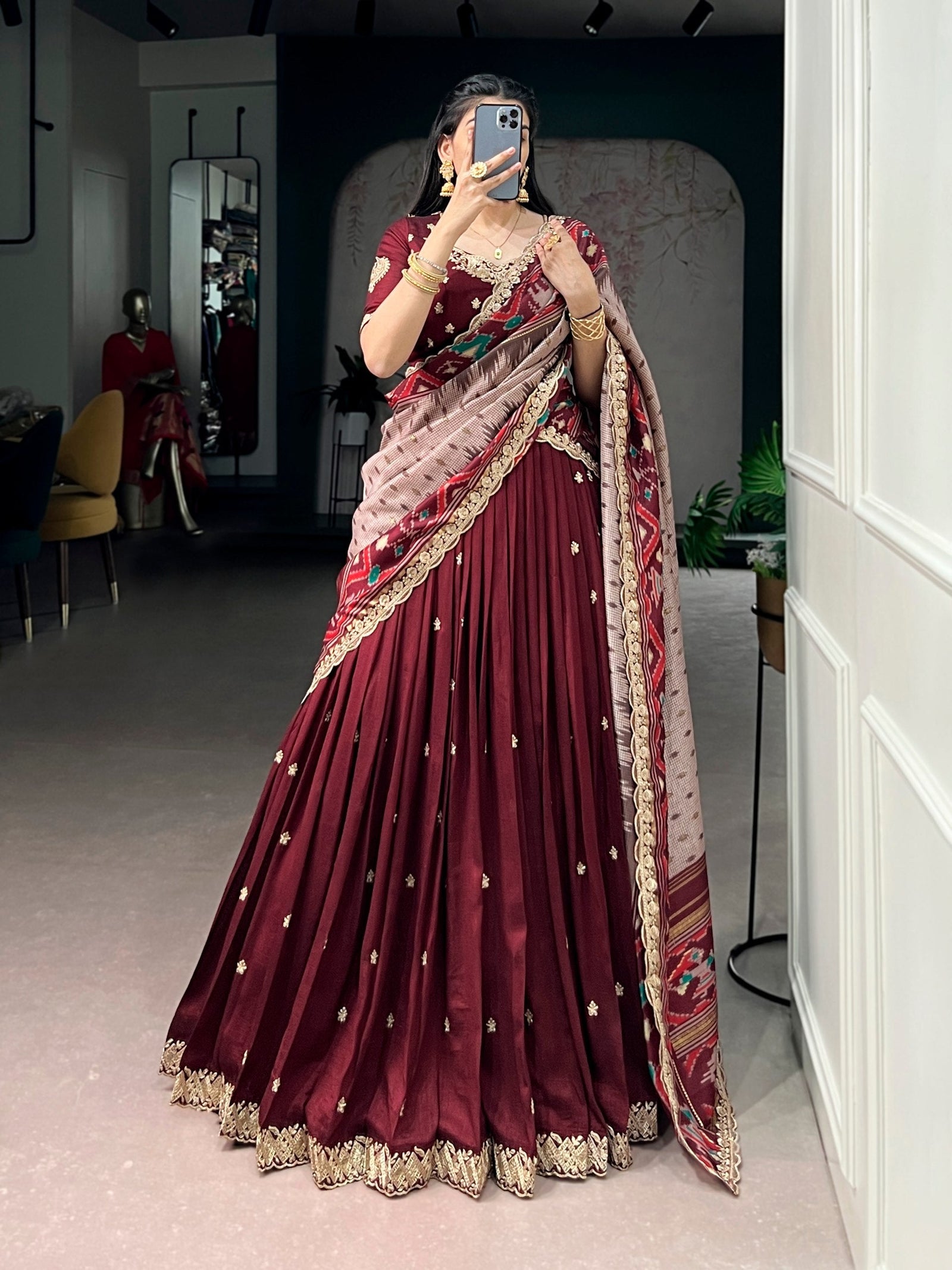 Maroon Silk Embroidered Lehenga Set ClothsVilla
