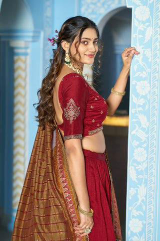 Maroon Silk Embroidered Lehenga Set ClothsVilla