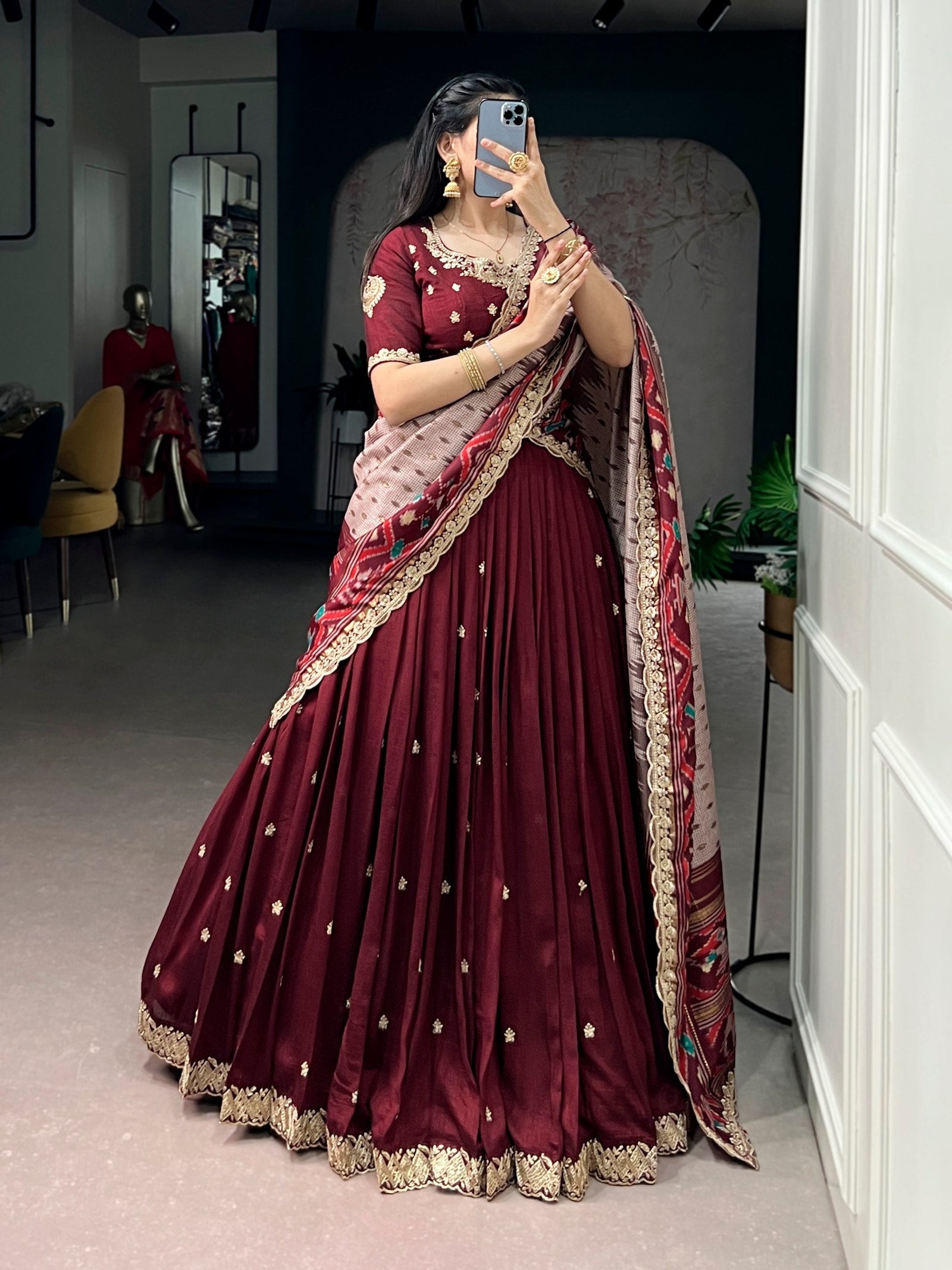 Maroon Silk Embroidered Lehenga Set ClothsVilla