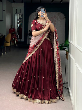 Maroon Silk Embroidered Lehenga Set ClothsVilla