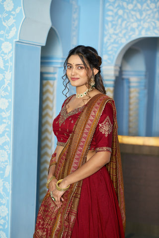 Maroon Silk Embroidered Lehenga Set ClothsVilla