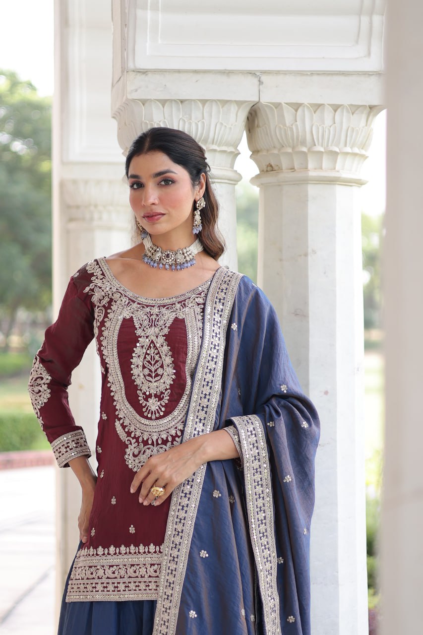 Maroon Silk Sharara Set with Matching Dupatta