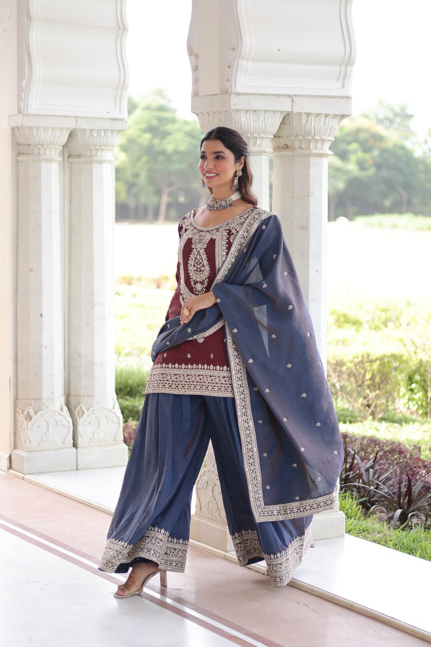 Maroon Silk Sharara Set with Matching Dupatta