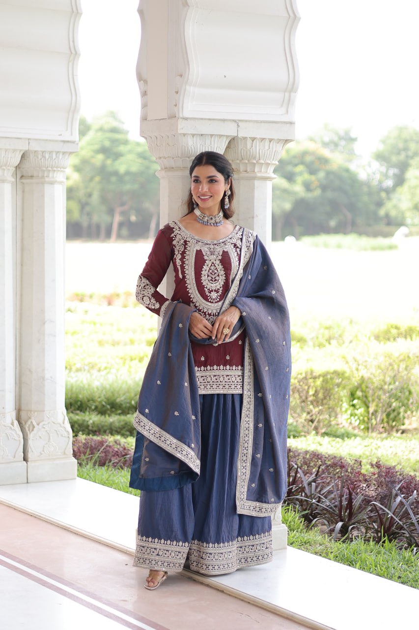 Maroon Silk Sharara Set with Matching Dupatta