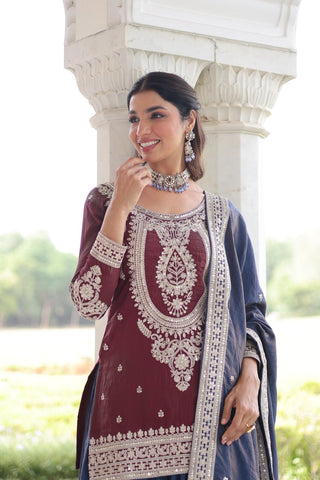 Maroon Silk Sharara Set with Matching Dupatta