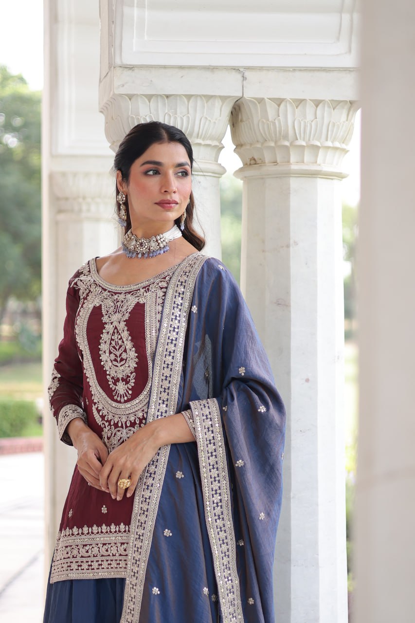 Maroon Silk Sharara Set with Matching Dupatta