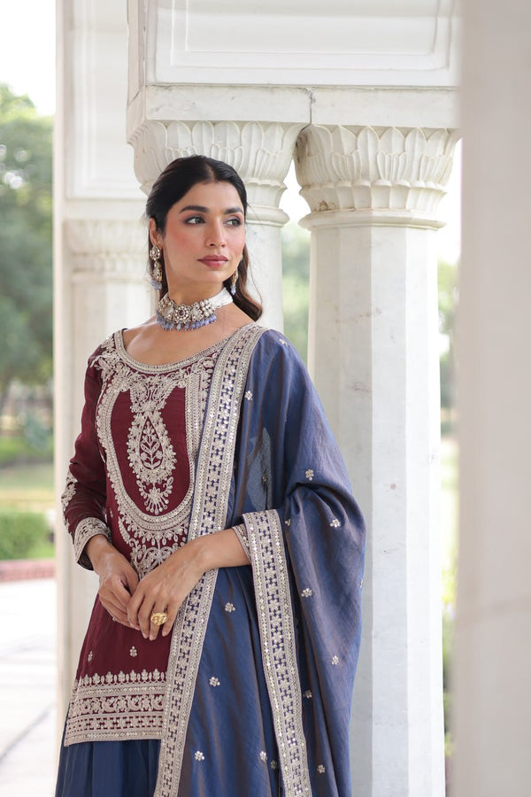 Maroon Silk Sharara Set with Matching Dupatta