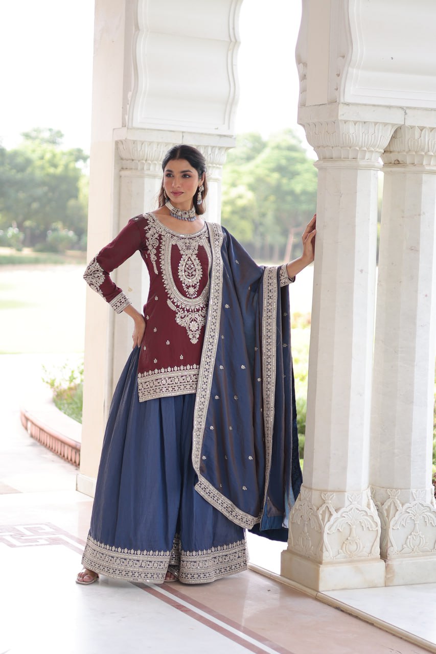 Maroon Silk Sharara Set with Matching Dupatta