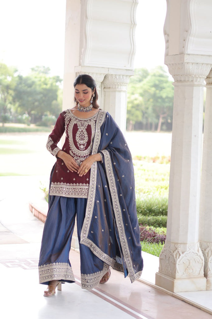 Maroon Silk Sharara Set with Matching Dupatta