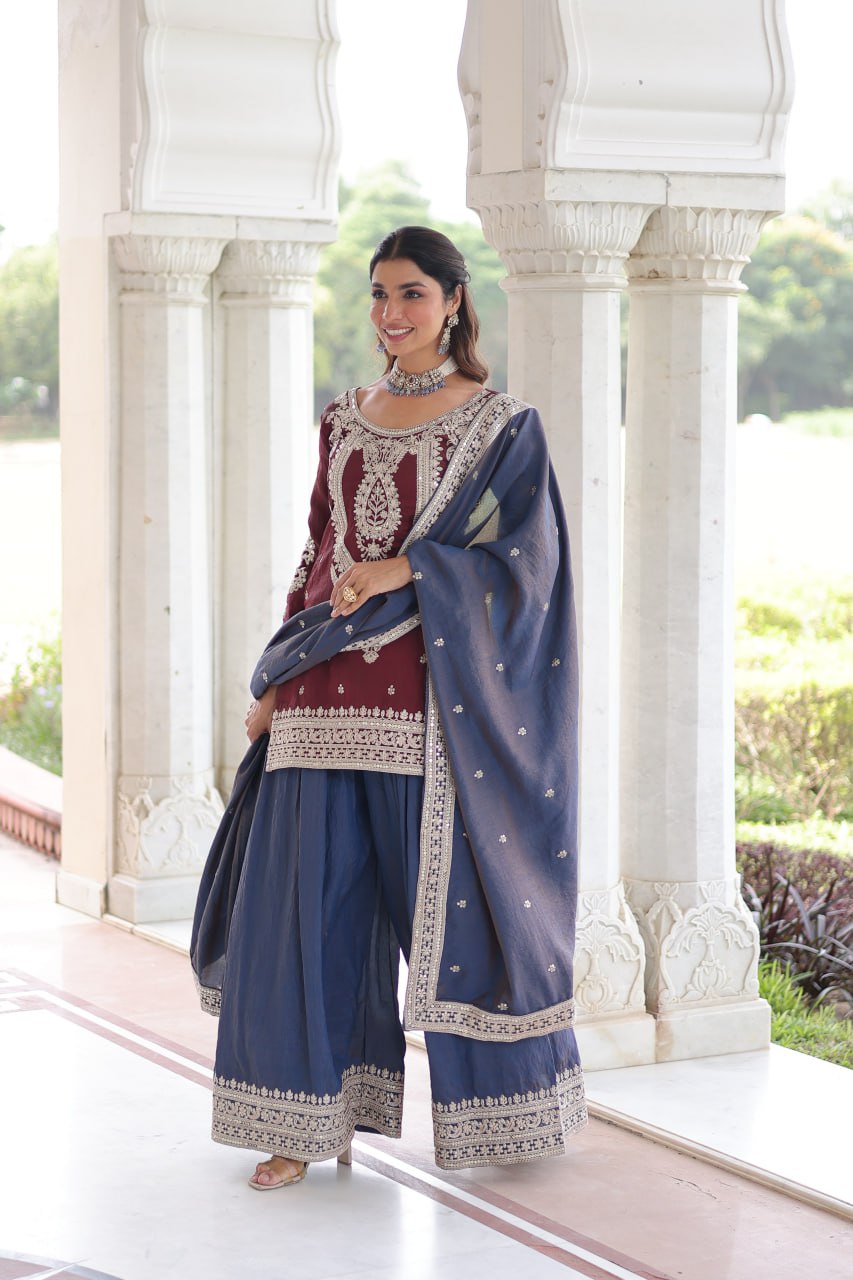Maroon Silk Sharara Set with Matching Dupatta