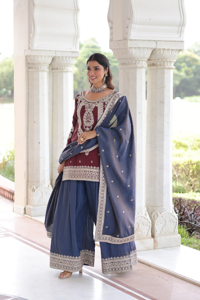 Maroon Silk Sharara Set with Matching Dupatta