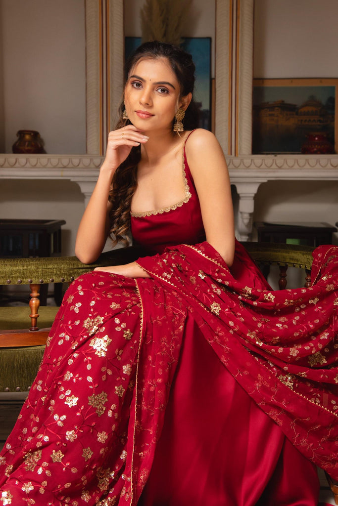 Maroon Soft Georgette Sleeveless Anarkali Suit with Sequence Work Dupatta and Crepe Silk Pants – Ready-to-Wear Ethnic Elegance ClothsVilla