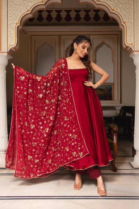 Maroon Soft Georgette Sleeveless Anarkali Suit with Sequence Work Dupatta and Crepe Silk Pants – Ready-to-Wear Ethnic Elegance ClothsVilla Main image