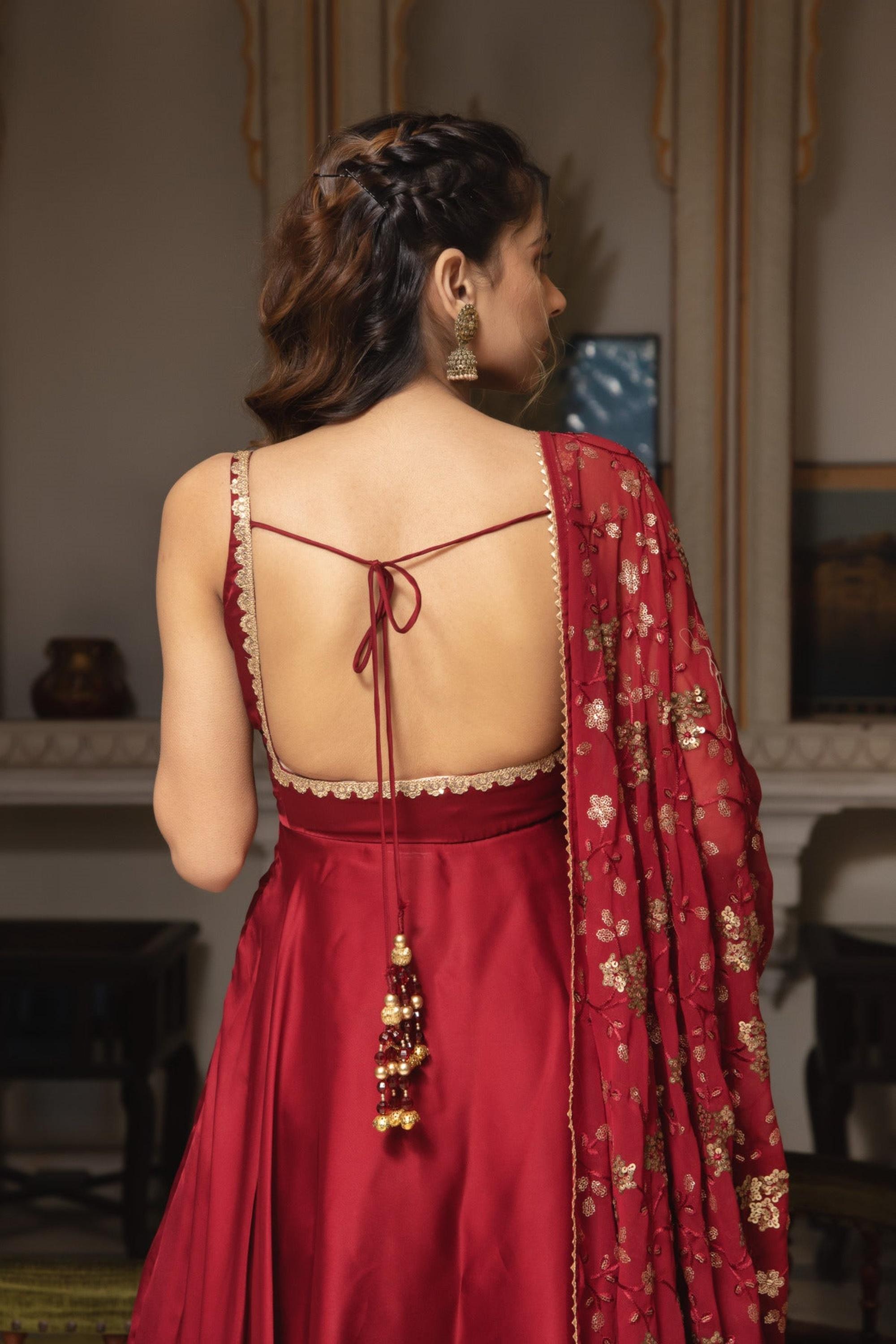 Maroon Soft Georgette Sleeveless Anarkali Suit with Sequence Work Dupatta and Crepe Silk Pants – Ready-to-Wear Ethnic Elegance ClothsVilla