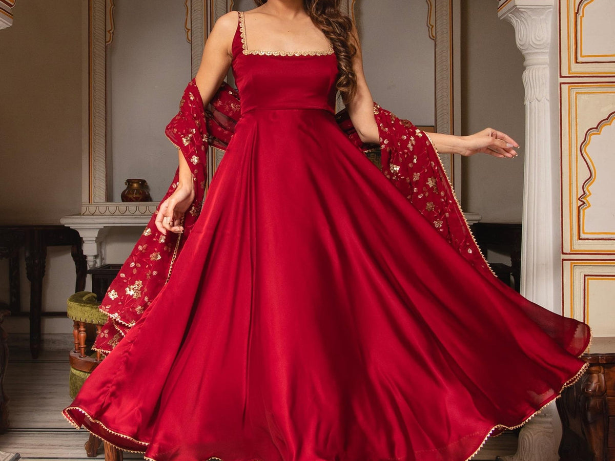 red anarkali dress Silk Suits with Cut Dana Sequins Work Sequin Work Red Anarkali Suit with Golden