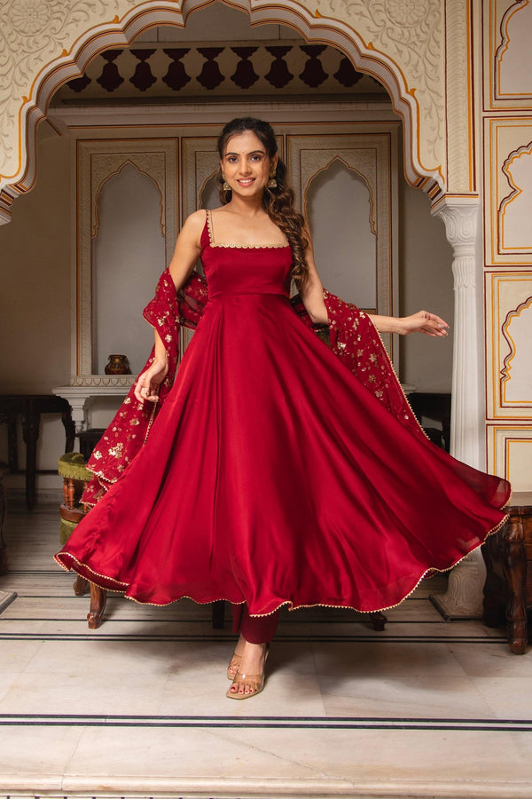 Maroon Soft Georgette Sleeveless Anarkali Suit with Sequence Work Dupatta and Crepe Silk Pants – Ready-to-Wear Ethnic Elegance XL