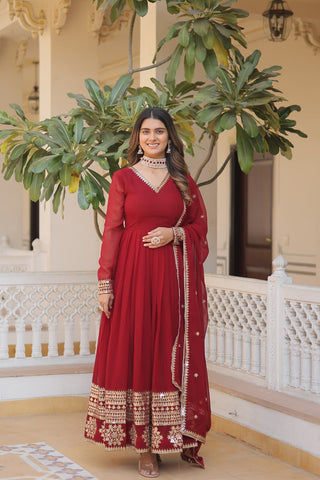 Maroon Sparkling Faux Blooming Gown with Embroidered Sequins & Designer Lace Dupatta ClothsVilla