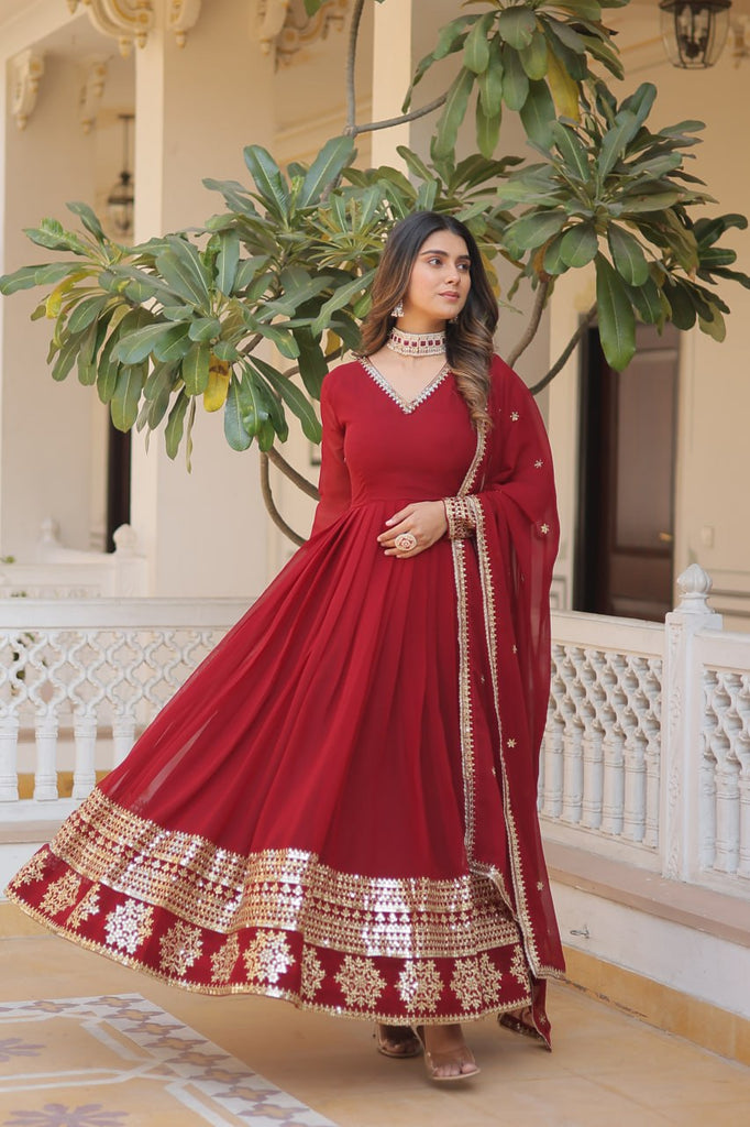 Maroon Sparkling Faux Blooming Gown with Embroidered Sequins & Designer Lace Dupatta ClothsVilla