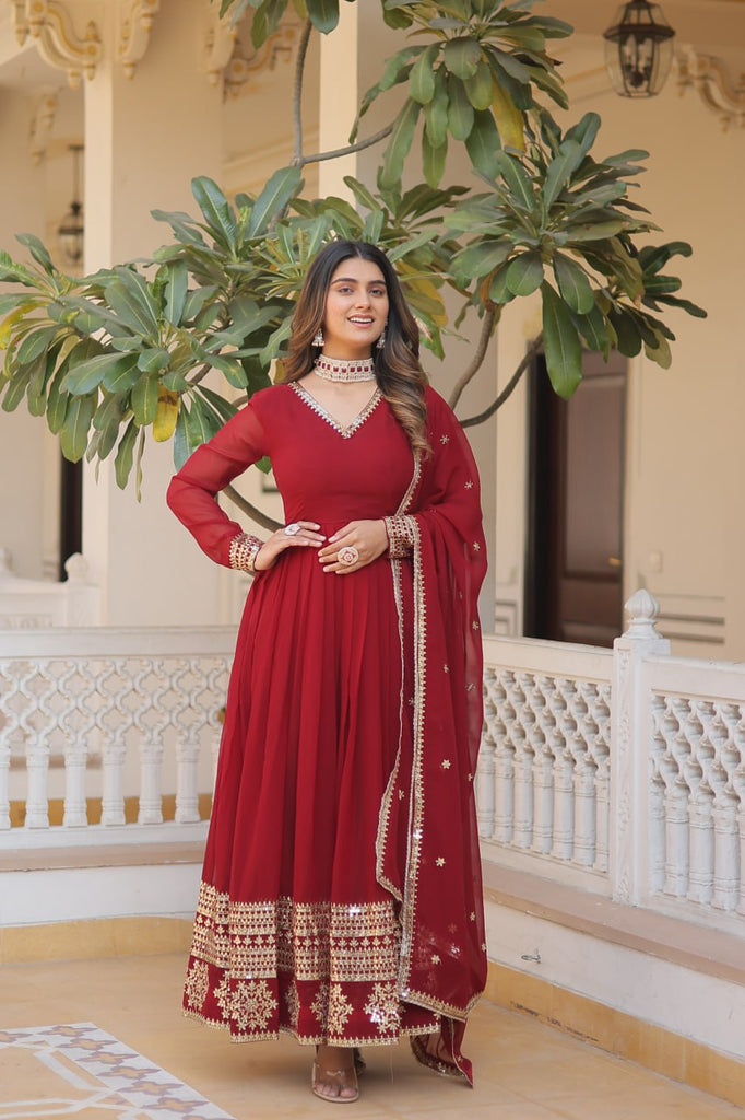 Maroon Sparkling Faux Blooming Gown with Embroidered Sequins & Designer Lace Dupatta ClothsVilla