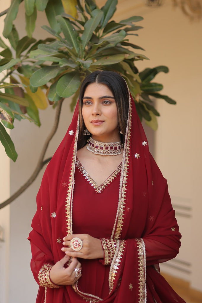 Maroon Sparkling Faux Blooming Gown with Embroidered Sequins & Designer Lace Dupatta ClothsVilla