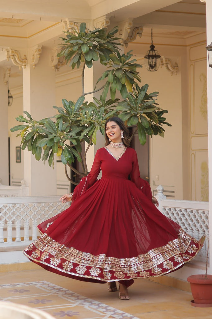 Maroon Sparkling Faux Blooming Gown with Embroidered Sequins & Designer Lace Dupatta ClothsVilla