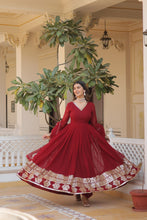 Load image into Gallery viewer, Maroon Sparkling Faux Blooming Gown with Embroidered Sequins &amp; Designer Lace Dupatta ClothsVilla