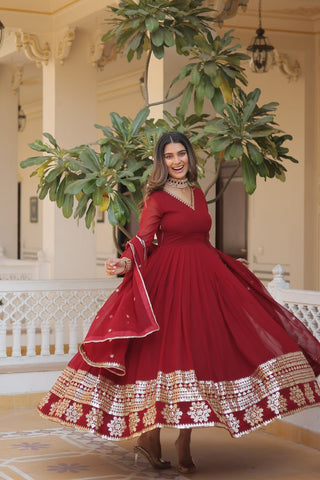 Maroon Sparkling Faux Blooming Gown with Embroidered Sequins & Designer Lace Dupatta ClothsVilla
