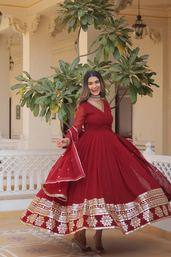Maroon Sparkling Faux Blooming Gown with Embroidered Sequins & Designer Lace Dupatta ClothsVilla