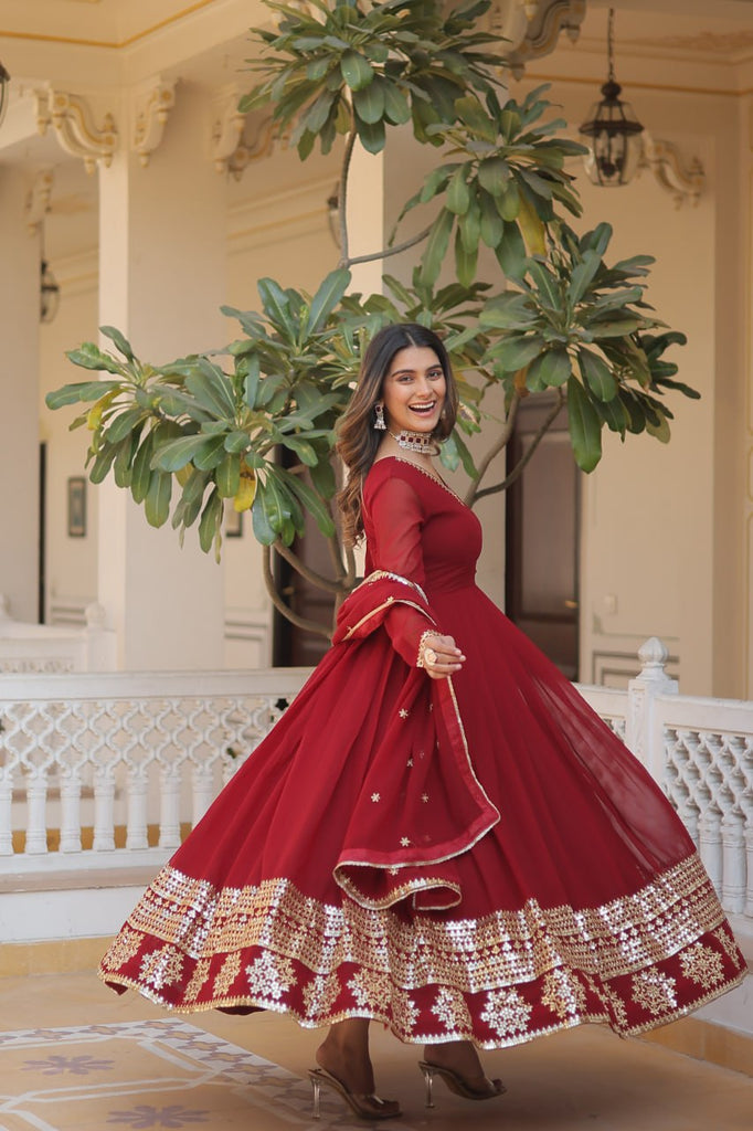 Maroon Sparkling Faux Blooming Gown with Embroidered Sequins & Designer Lace Dupatta ClothsVilla