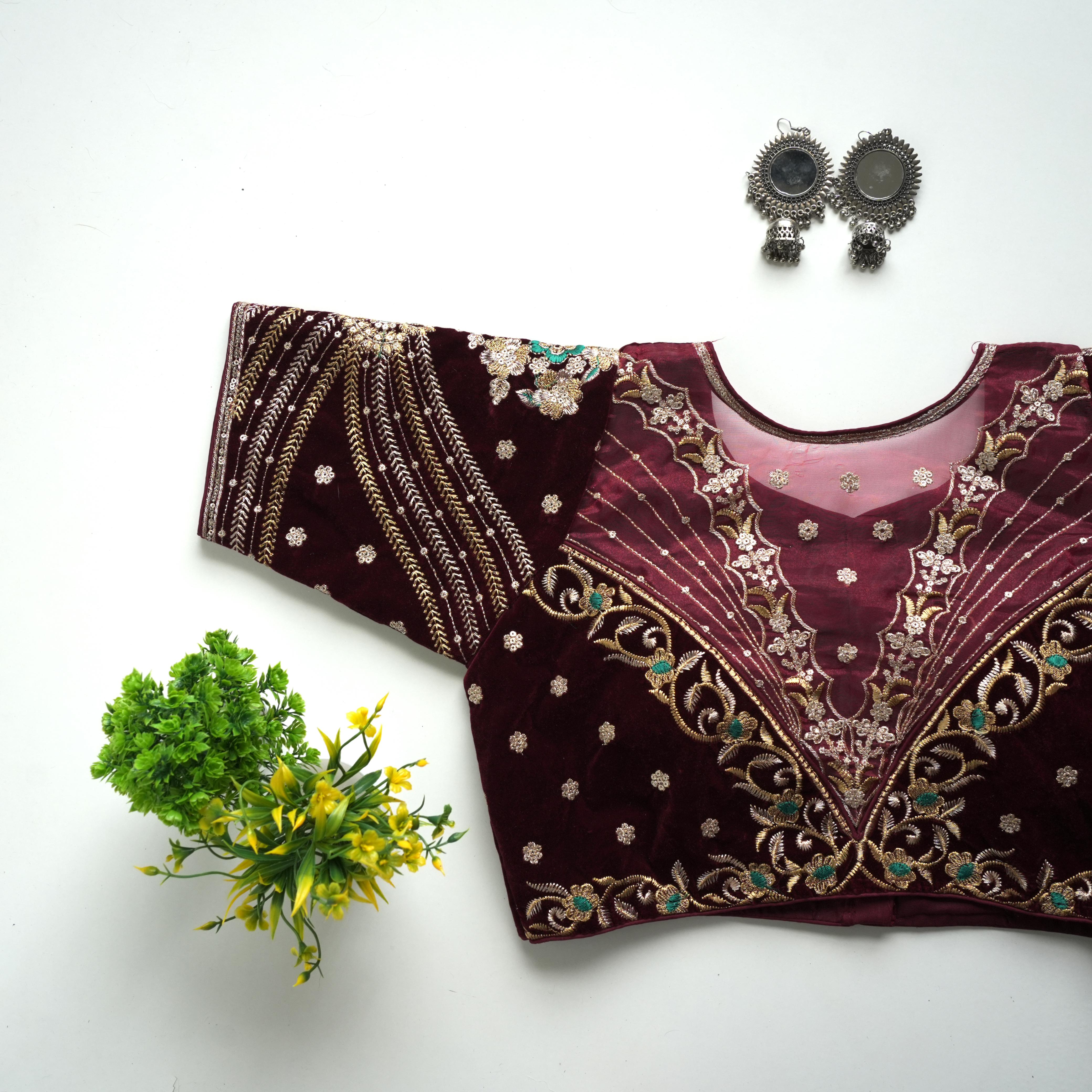 Maroon Taffeta Silk Blouse with Golden Embroidery and Sequin Touch ClothsVilla Main image
