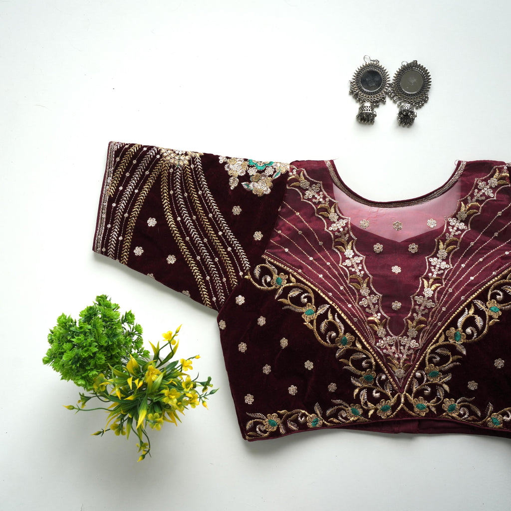 Maroon Taffeta Silk Blouse with Golden Embroidery and Sequin Touch ClothsVilla