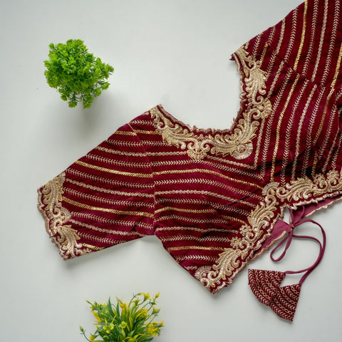 Maroon Taffeta Silk Blouse with Golden Embroidery and Sequins ClothsVilla.com Main image