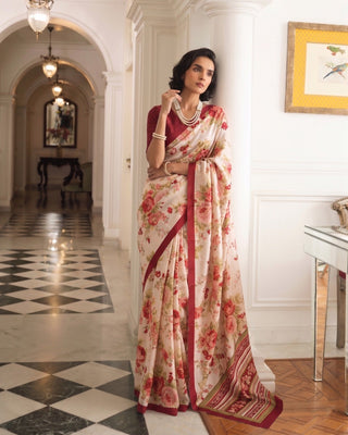 Maroon Tasar Silk Floral Print Saree ClothsVilla