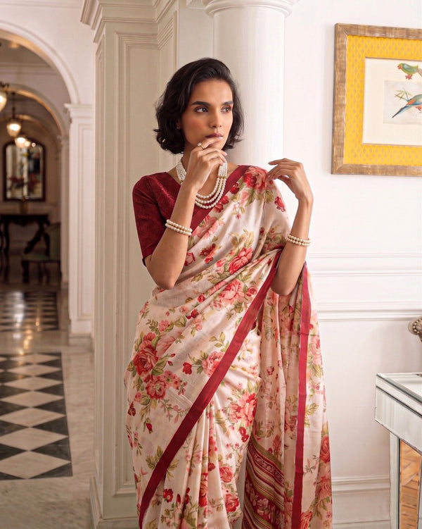 Maroon Tasar Silk Floral Print Saree ClothsVilla