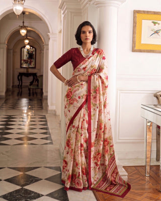 Maroon Tasar Silk Floral Print Saree ClothsVilla