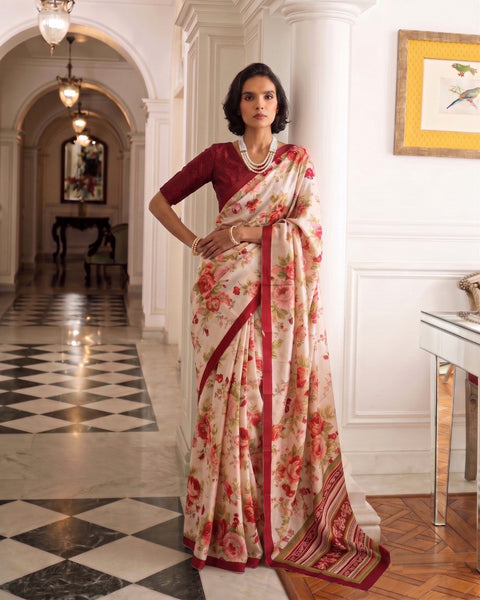 Maroon Tasar Silk Floral Print Saree ClothsVilla Main image