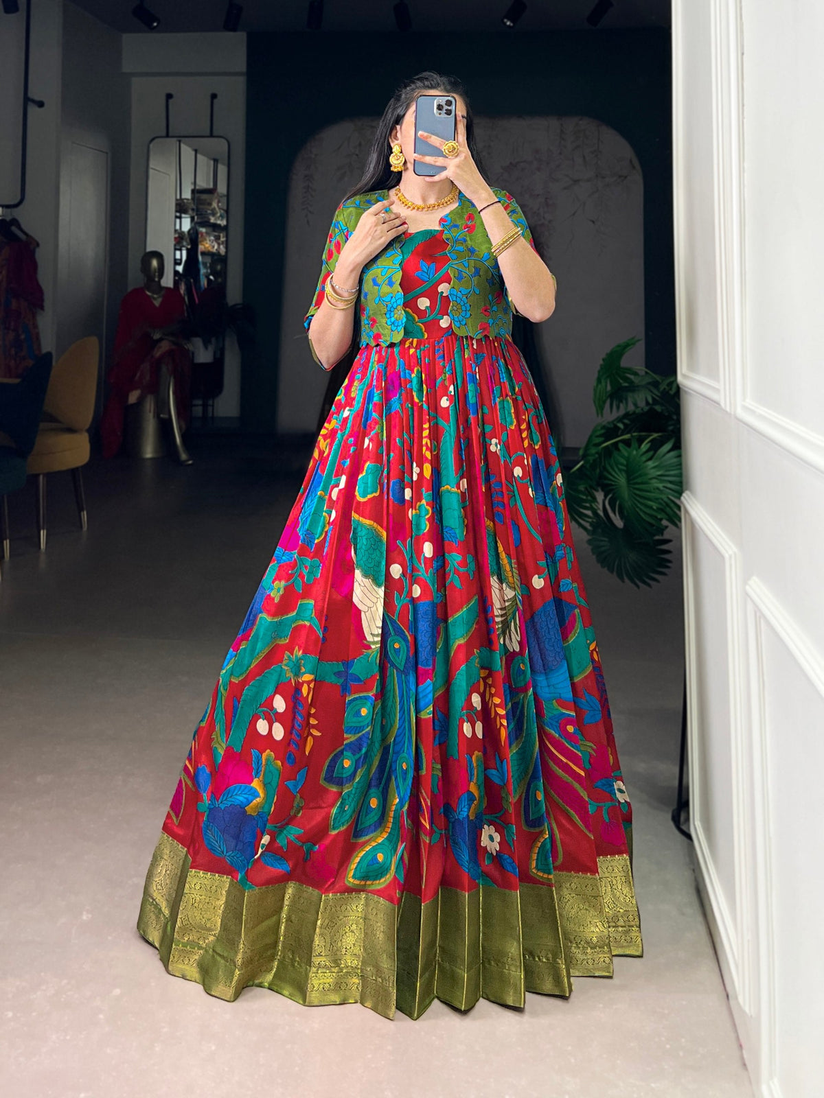 Maroon Tasar Silk Kalamkari Print Stitched Gown with Zari Weaving Koti – Full Flair Party Wear Gown Set for Women ClothsVilla Main image