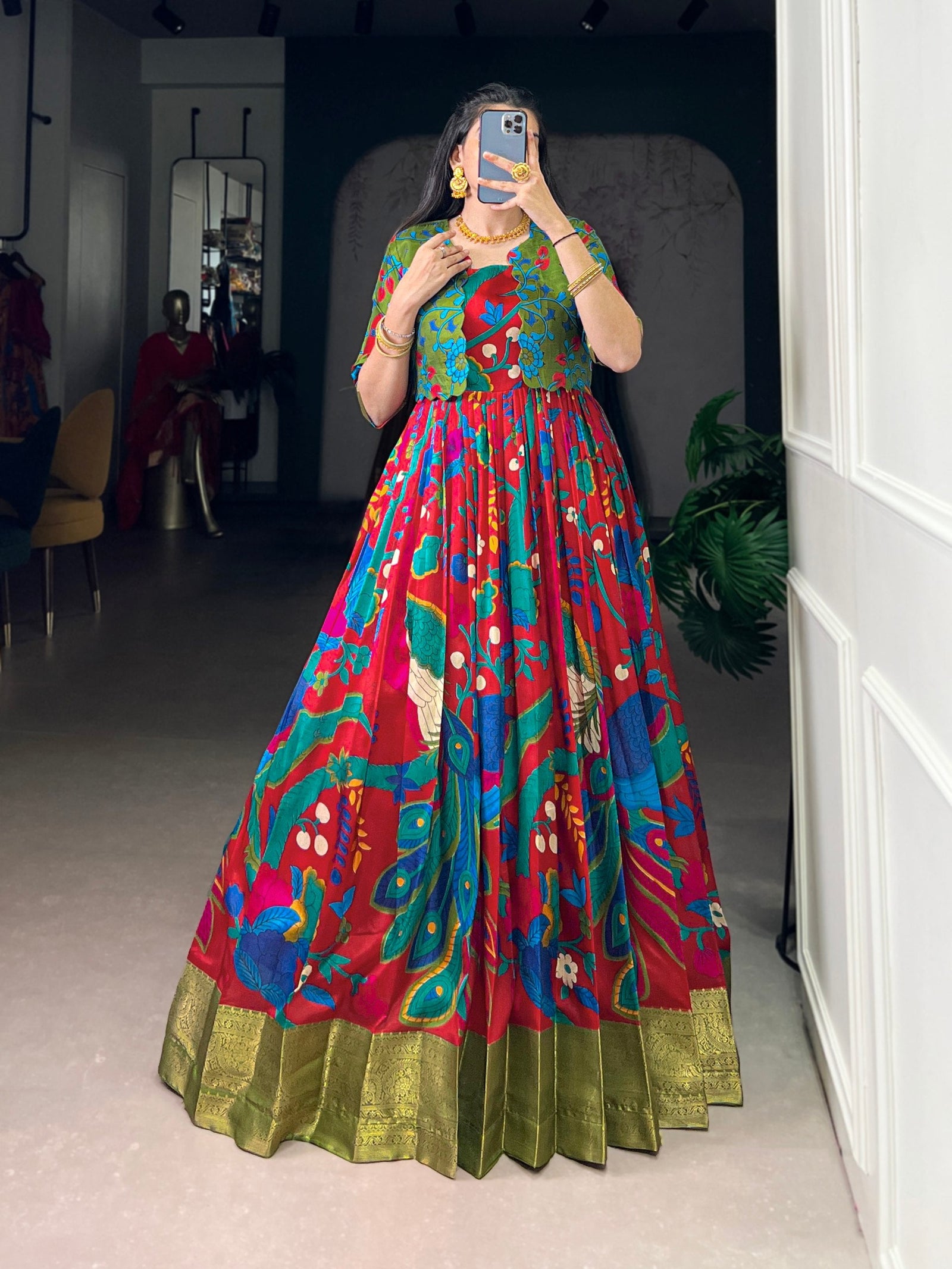 Maroon Tasar Silk Kalamkari Print Stitched Gown with Zari Weaving Koti – Full Flair Party Wear Gown Set for Women ClothsVilla