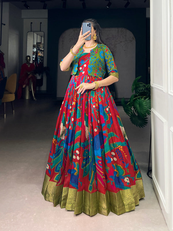 Maroon Tasar Silk Kalamkari Print Stitched Gown with Zari Weaving Koti – Full Flair Party Wear Gown Set for Women ClothsVilla
