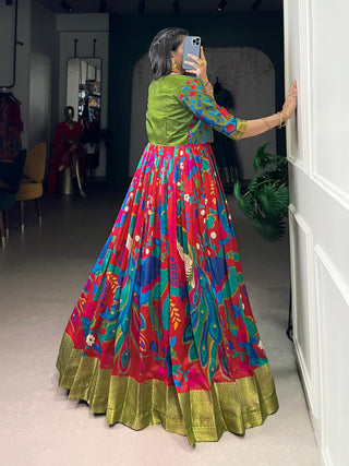 Maroon Tasar Silk Kalamkari Print Stitched Gown with Zari Weaving Koti – Full Flair Party Wear Gown Set for Women ClothsVilla