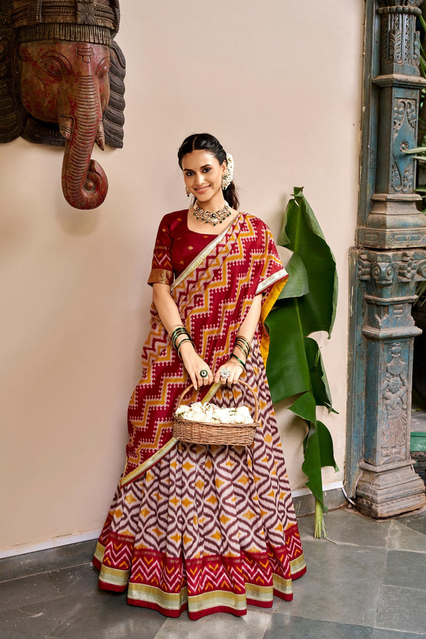 Maroon Tasar Silk Print Lehenga ClothsVilla