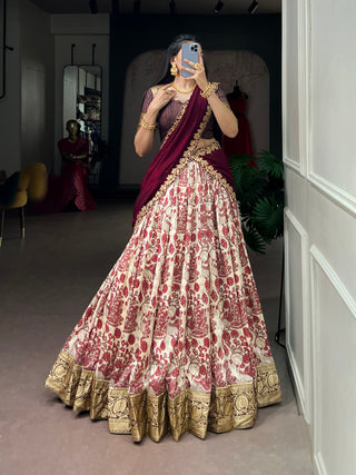 Maroon Tasar Silk Printed Lehenga ClothsVilla